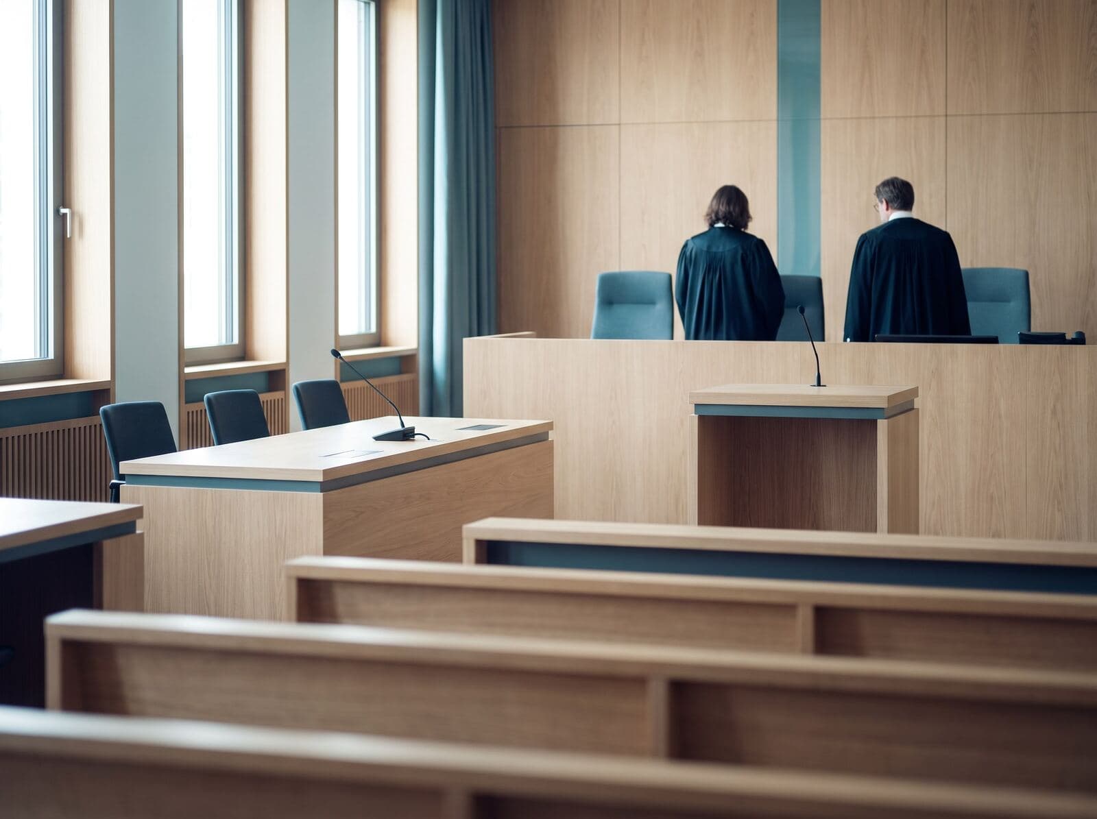 Heller, moderner Gerichtssaal mit Richterbank und Sitzreihen aus hellem Holz, an der Bank zwei Personen in Roben von hinten