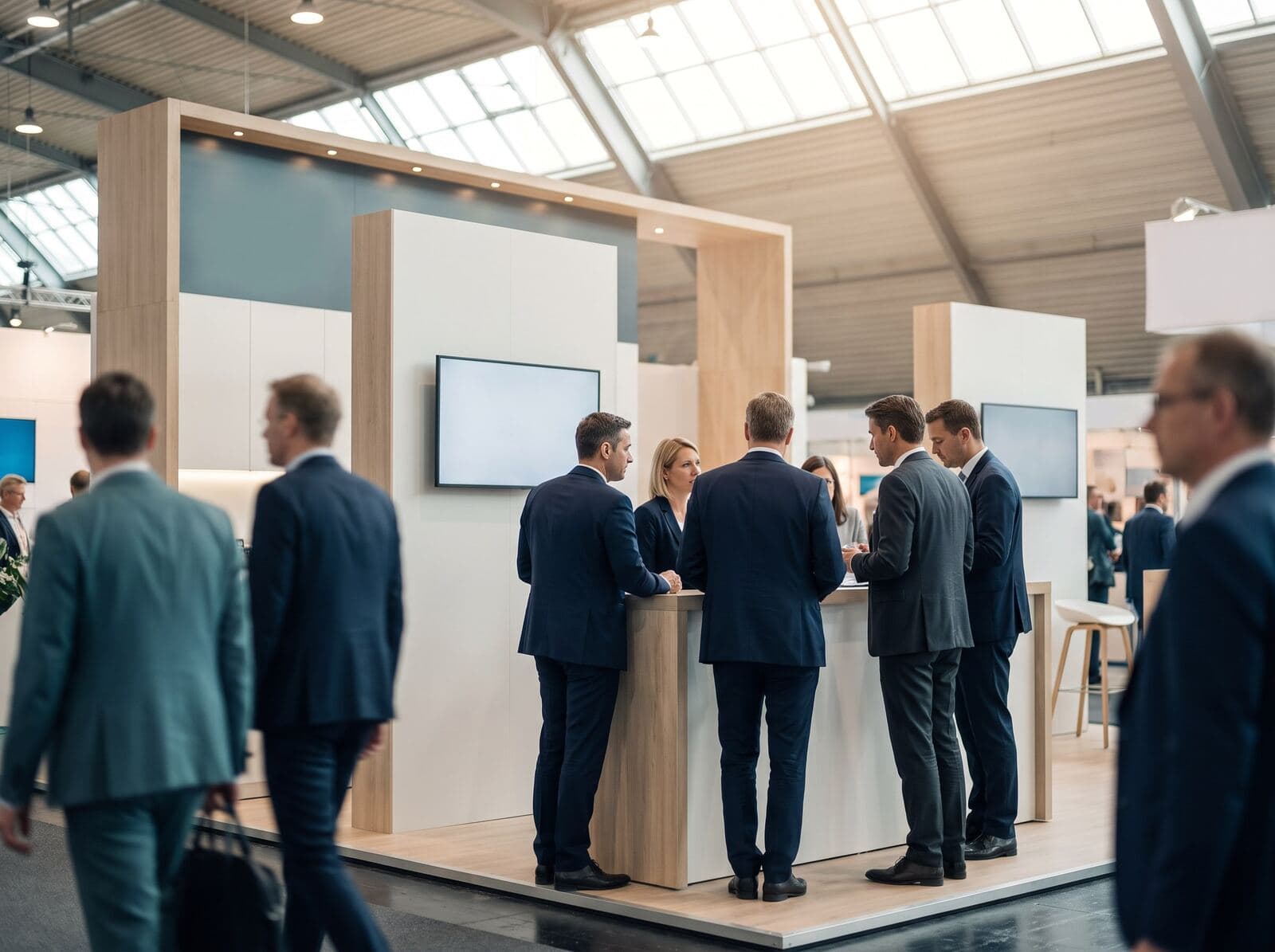 Moderner Messestand in einer Messehalle, davor eine kleine Geschäftsdelegation im Gespräch